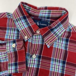 Ralph Lauren Button Down Shirt Mens Large Red‎ Blue Plaid Custom Fit Cotton LS